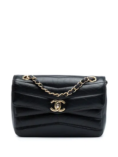 Pre-owned Chanel 2019 Small Chevron Shiny Lambskin Miroir Flap Bag Crossbody Bag In Black