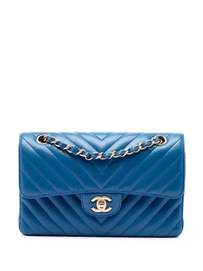 Pre-owned Chanel 2019 Small Classic Chevron Lambskin Double Flap Shoulder Bag In Blue