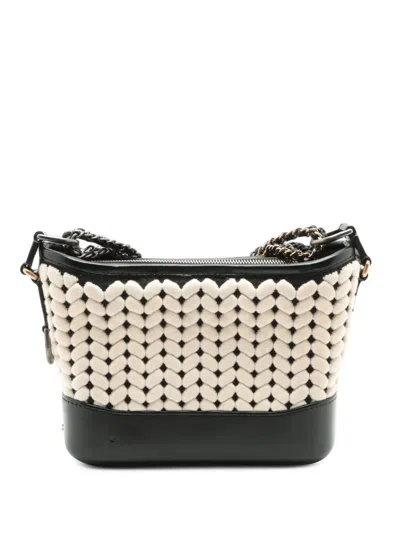 Pre-owned Chanel 2019 Small Knit And Calfskin Gabrielle Hobo Crossbody Bag In Black