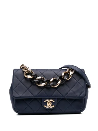 Pre-owned Chanel 2019 Small Lambskin Elegant Chain Single Flap Satchel In Blue