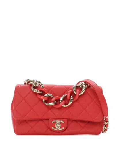 Pre-owned Chanel 2019 Small Lambskin Elegant Chain Single Flap Satchel In Red