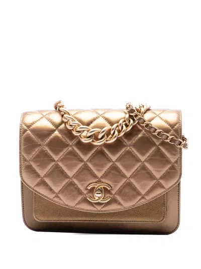 Pre-owned Chanel 2019 Small Metallic Calfskin And Caviar Chain Top Handle Bag Satchel In Gold