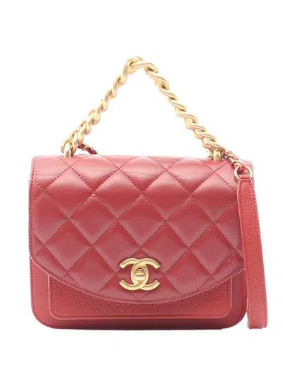 Pre-owned Chanel 2019 Small Quilted Calfskin And Caviar Chain Handle Flap Satchel In Red
