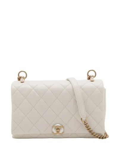 Pre-owned Chanel 2019 Small Quilted Calfskin Pearl Cc Accordion Flap Crossbody Bag In White