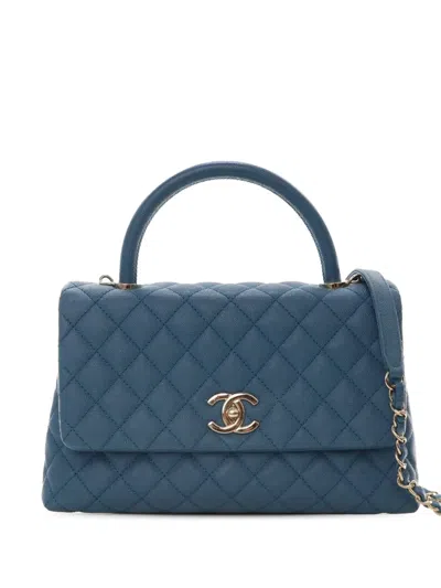 Pre-owned Chanel 2019 Small Quilted Caviar Coco Top Handle Bag Satchel In Blue