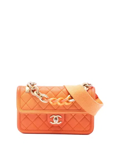 Pre-owned Chanel 2019 Small Quilted Caviar Sunset On The Sea Flap Satchel In Orange