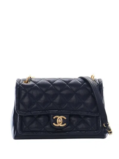 Pre-owned Chanel 2019 Small Quilted Crinkled Calfskin Chain Link Flap Satchel In Blue