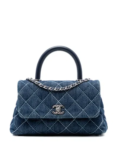 Pre-owned Chanel 2019 Small Quilted Denim Coco Top Handle Bag Satchel In Blue