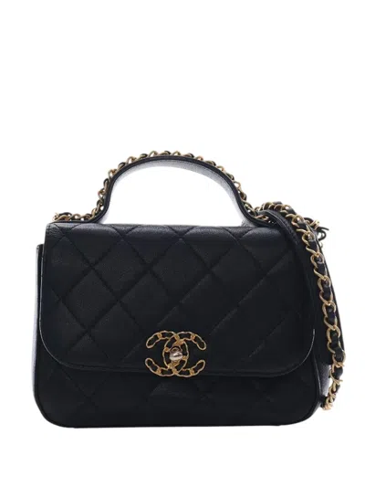 Pre-owned Chanel 2019 Small Quilted Lambskin Chain Infinity Top Handle Bag Satchel In Black