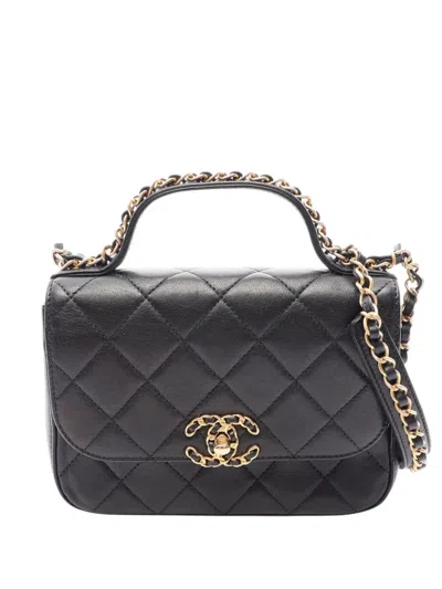 Pre-owned Chanel 2019 Small Quilted Lambskin Chain Infinity Top Handle Bag Satchel In Black
