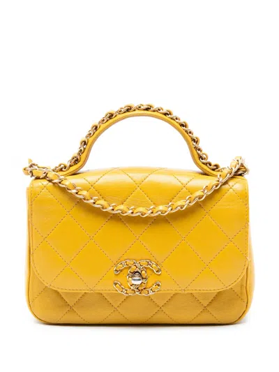 Pre-owned Chanel 2019 Small Quilted Lambskin Chain Infinity Top Handle Bag Satchel In Yellow