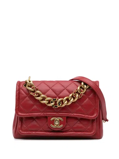 Pre-owned Chanel 2019 Small Quilted Lambskin Chain Link Flap Satchel In 红色