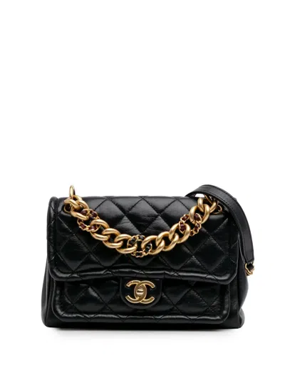 Pre-owned Chanel 2019 Small Quilted Lambskin Chain Link Flap Satchel In Black
