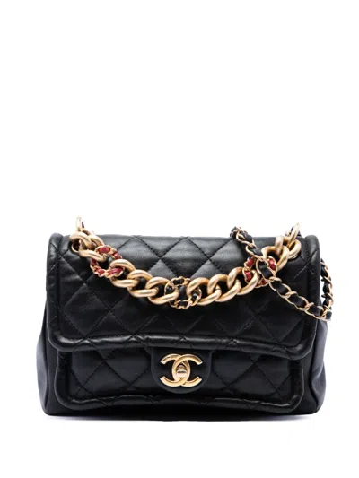 Pre-owned Chanel 2019 Small Quilted Lambskin Chain Link Flap Satchel In Black