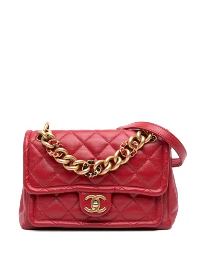 Pre-owned Chanel 2019 Small Quilted Lambskin Chain Link Flap Satchel In Red