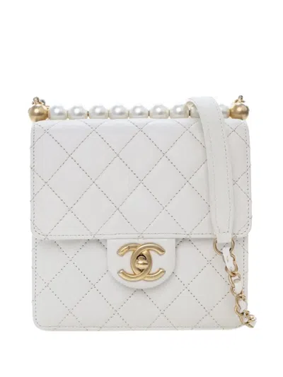 Pre-owned Chanel 2019 Small Quilted Lambskin Chic Pearls Flap Crossbody Bag In White