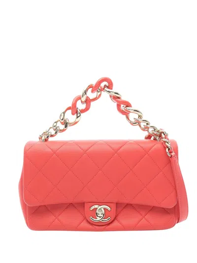 Pre-owned Chanel 2019 Small Quilted Lambskin Elegant Chain Single Flap Satchel In Red