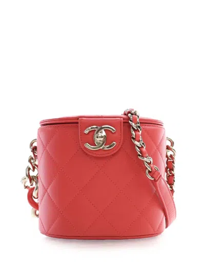 Pre-owned Chanel 2019 Small Quilted Lambskin Resin Elegant Chain Tubular Vanity Case Crossbody Bag In Red