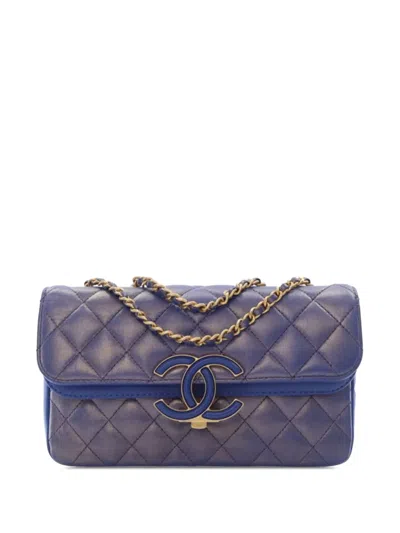 Pre-owned Chanel 2019 Small Quilted Metallic Lambskin Cc Chic Double Flap Shoulder Bag In Blue