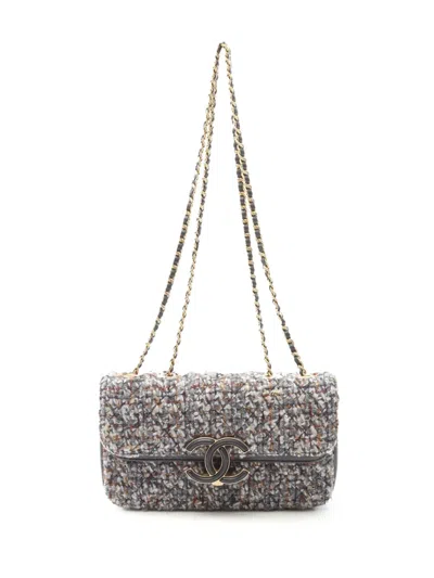 Pre-owned Chanel 2019 Small Quilted Tweed Cc Chic Double Flap Shoulder Bag In Gray