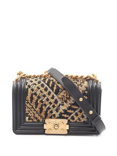 Pre-owned Chanel 2019 Small Tweed And Lambskin Boy Flap Satchel In Black