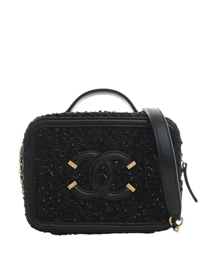 Pre-owned Chanel 2019 Small Tweed Cc Filigree Vanity Case Satchel In Black