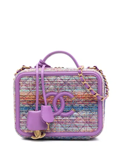 Pre-owned Chanel 2019 Small Tweed Cc Filigree Vanity Case Satchel In Purple