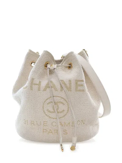 Pre-owned Chanel 2019 Small Tweed Deauville Drawstring Bucket Bag In White