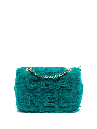 Pre-owned Chanel 2019 Small Wool Tweed Giant Logo Flap Crossbody Bag In Blue