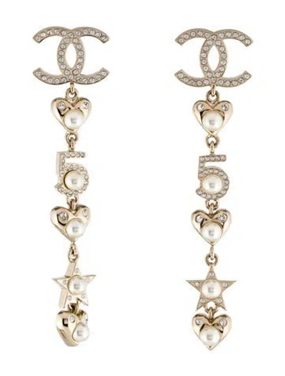 Pre-owned Chanel 2019 Strass & Faux Pearl Cc N°5 Heart Drop Earrings In White