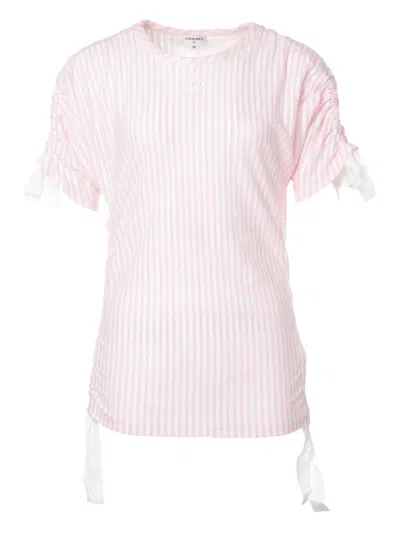 Pre-owned Chanel 2019 Striped Cc-logo T-shirt In Pink