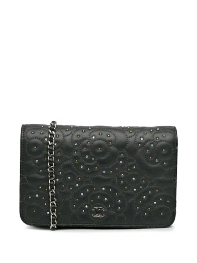 Pre-owned Chanel 2019 Studded Calfskin Camellia Wallet On Chain Crossbody Bag In Black