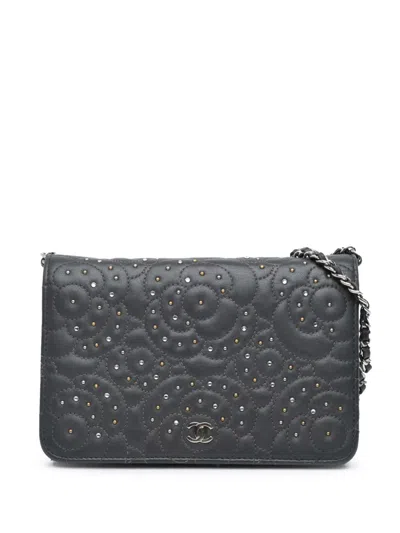 Pre-owned Chanel 2019 Studded Lambskin Camellia Wallet On Chain Crossbody Bag In Black