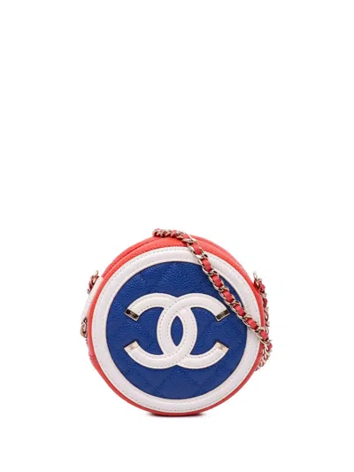 Pre-owned Chanel 2019 Tricolor Caviar Cc Filigree Round Crossbody Bag In Blue