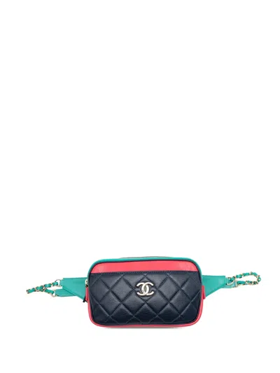 Pre-owned Chanel 2019 Tricolor Quilted Goatskin In And Out Belt Bag In Blue