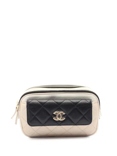 Pre-owned Chanel 2019 Tricolor Quilted Goatskin In And Out Belt Bag In Brown