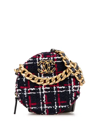 Pre-owned Chanel 2019 Tweed 19 Round Clutch With Chain Satchel In Blue