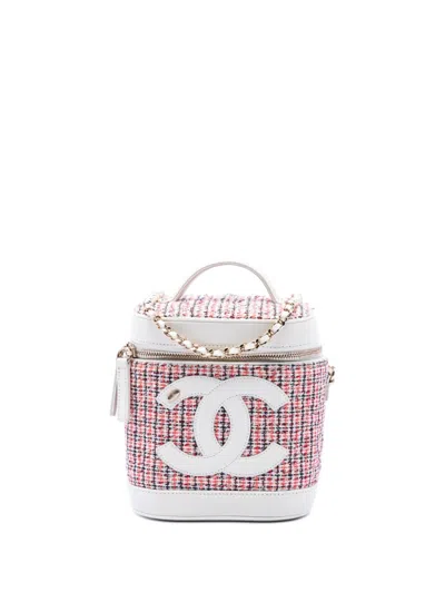 Pre-owned Chanel 2019 Tweed And Lambskin Vanity Cosmetic Case Satchel In White