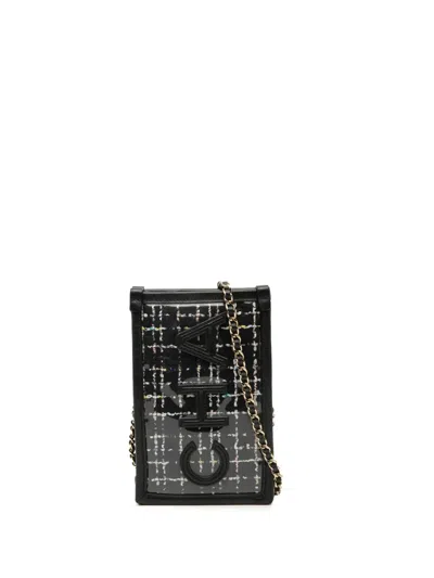 Pre-owned Chanel 2019 Tweed And Pvc Phone Clutch With Chain Crossbody Bag In Black