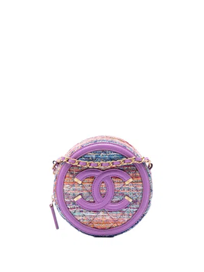 Pre-owned Chanel 2019 Tweed Cc Filigree Round Crossbody Bag In Purple