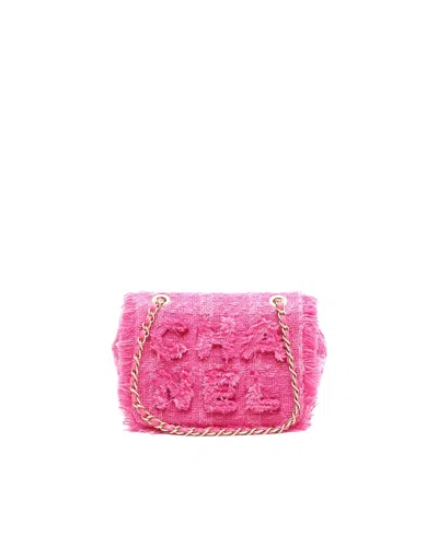 Pre-owned Chanel 2019 Wool Tweed Giant Logo Flap Bag In Pink