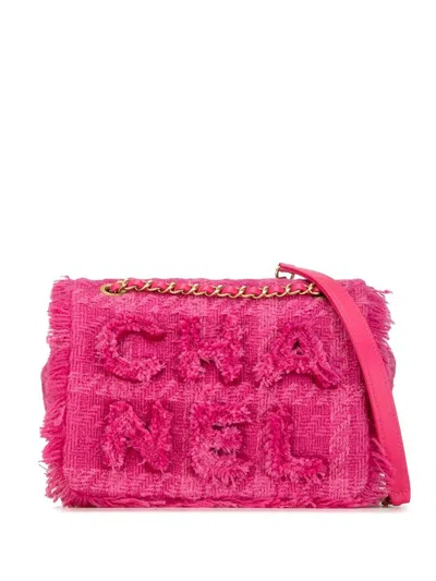 Pre-owned Chanel 2019 Wool Tweed Giant Logo Flap Shoulder Bag In Pink