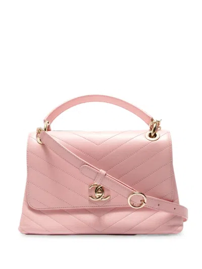 Pre-owned Chanel 2019-2020 Chevron Chic Top Handle Flap Tote Bag In Pink