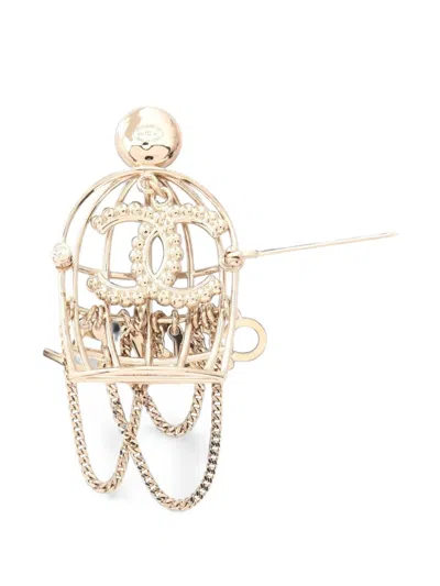Pre-owned Chanel 2020 Birdcage Motif Brooch In Gold