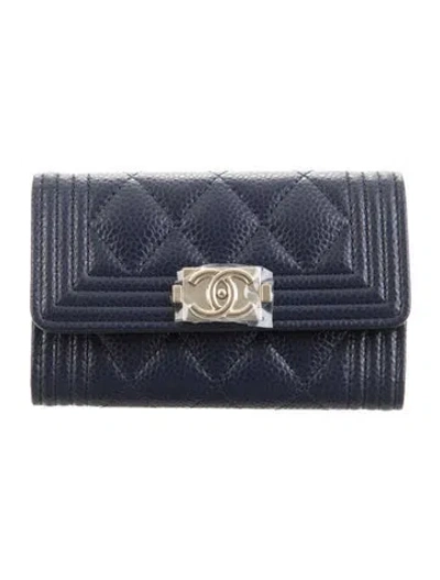 Pre-owned Chanel 2020 Boy Flap Card Holder Compact Wallet W/ Tags In Blue