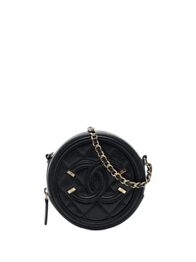 Pre-owned Chanel 2020 Caviar Cc Filigree Round Clutch With Chain Crossbody Bag In Black