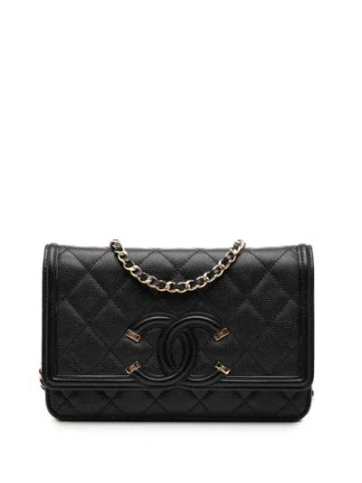 Pre-owned Chanel 2020 Caviar Cc Filigree Wallet On Chain Crossbody Bag In Black
