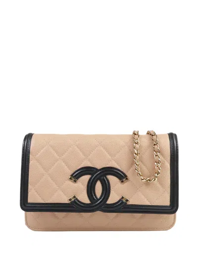 Pre-owned Chanel 2020 Caviar Cc Filigree Wallet On Chain Crossbody Bag In Neutral