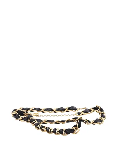 Pre-owned Chanel 2020 Cc Gold Plated Leather Woven Logo Layered Chain Belt In Black
