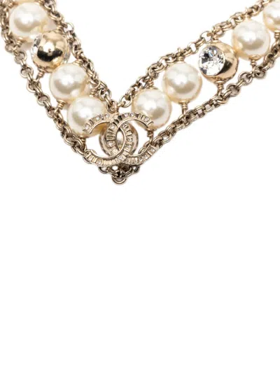 Pre-owned Chanel 2020 Cc Gold Plated Rhinestone Faux Pearl Chain Choker Necklace Costume Necklace